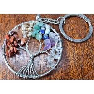 Rainbow Natural Stone Tree of Life Silver Tone Keychain 4 1/4"L x 2"W